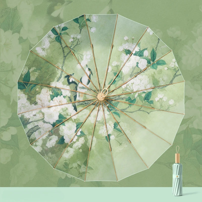 Retro Folding Umbrella – UV & Rain Protection, 16-Rib Gold Frame