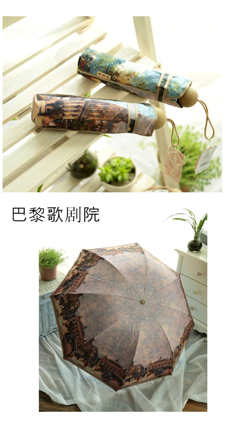 Vintage Art Umbrella – Double-Layer UV Protection with Blue Sky Interior