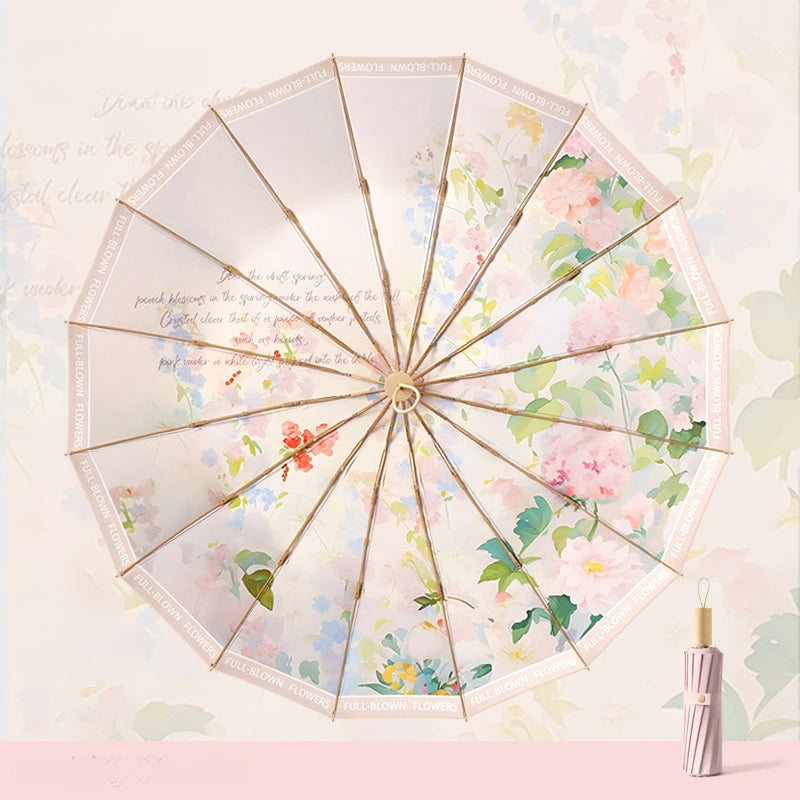Retro Folding Umbrella – UV & Rain Protection, 16-Rib Gold Frame