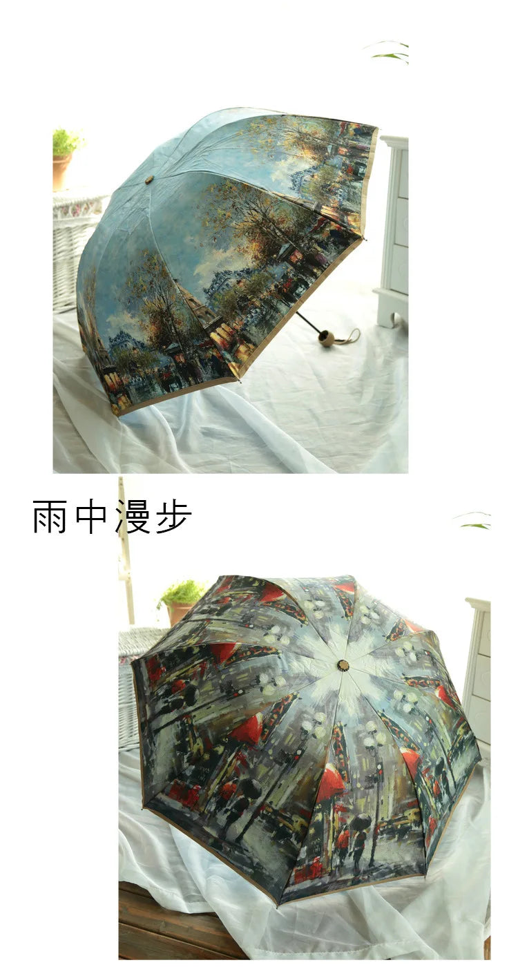 Vintage Art Umbrella – Double-Layer UV Protection with Blue Sky Interior