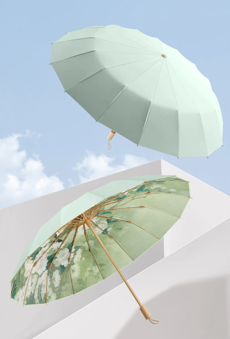 Retro Folding Umbrella – UV & Rain Protection, 16-Rib Gold Frame
