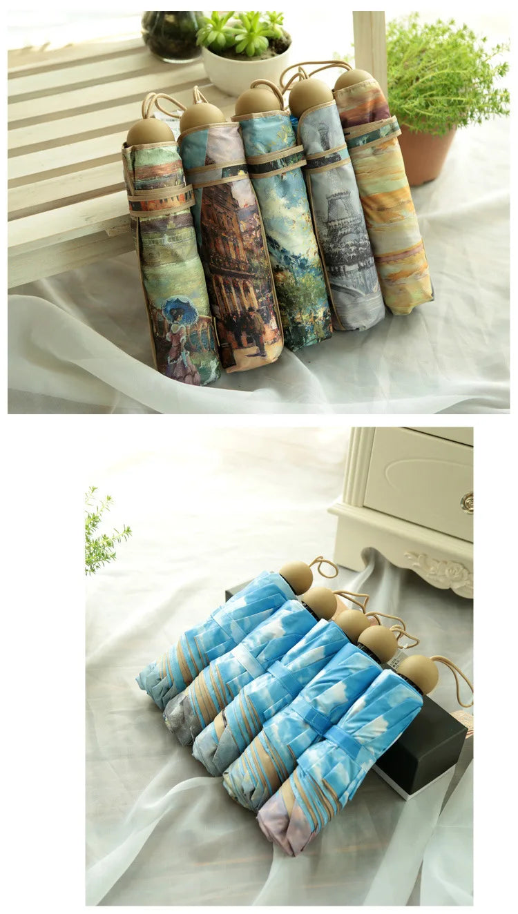 Vintage Art Umbrella – Double-Layer UV Protection with Blue Sky Interior