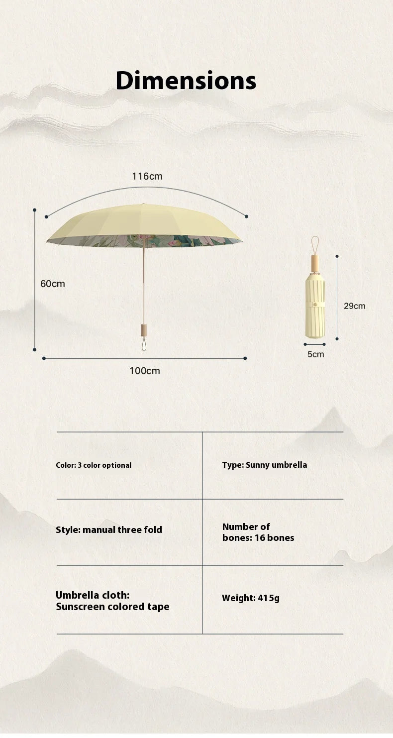 Retro Folding Umbrella – UV & Rain Protection, 16-Rib Gold Frame