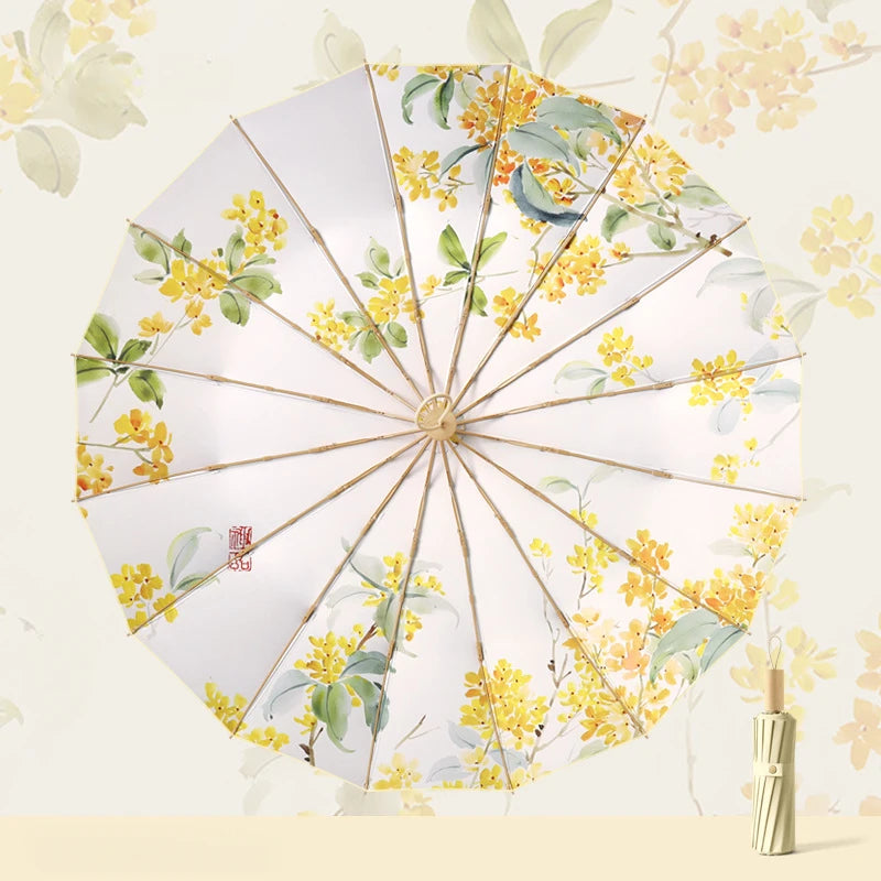 Retro Folding Umbrella – UV & Rain Protection, 16-Rib Gold Frame