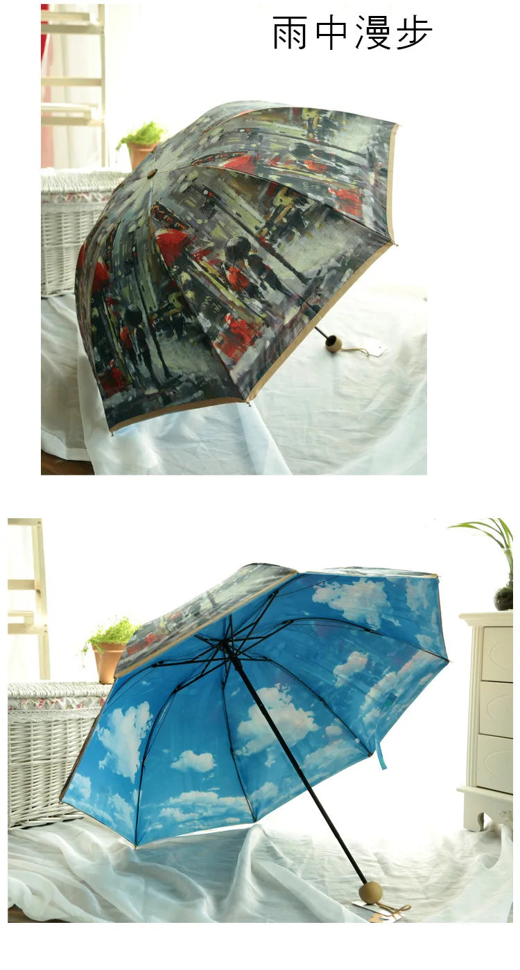 Vintage Art Umbrella – Double-Layer UV Protection with Blue Sky Interior