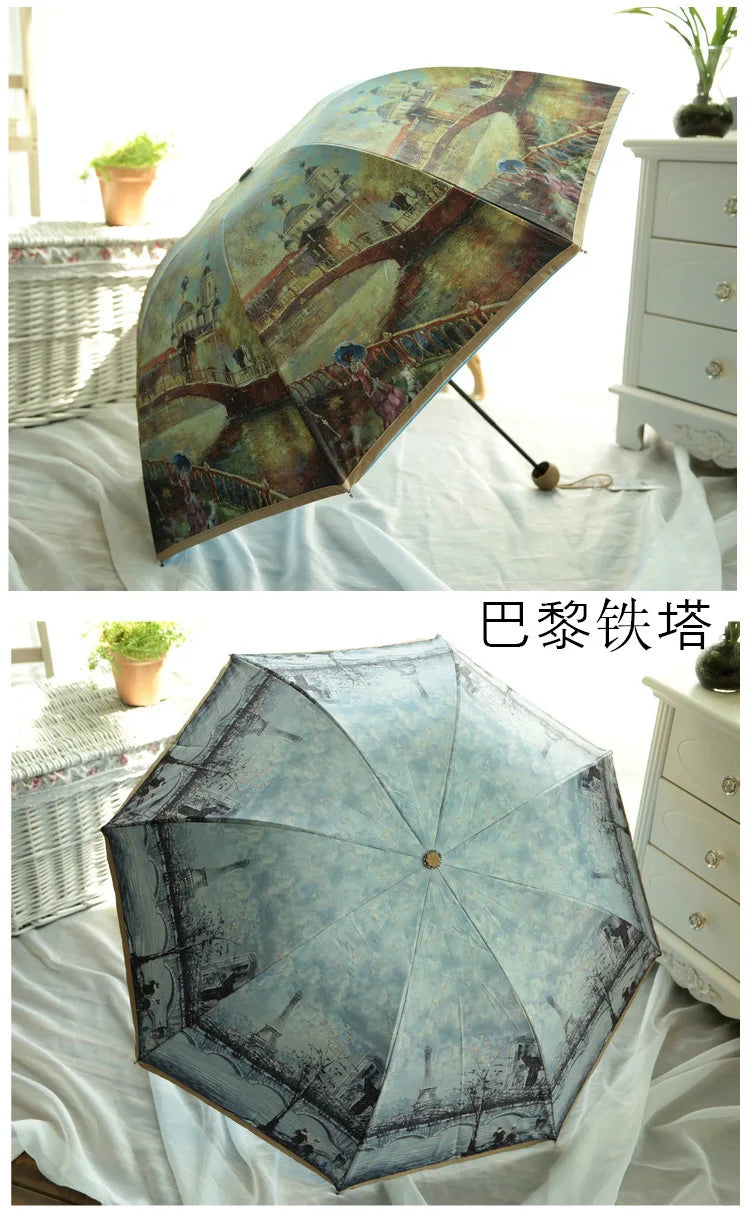 Vintage Art Umbrella – Double-Layer UV Protection with Blue Sky Interior