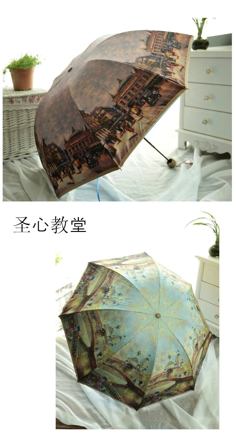 Vintage Art Umbrella – Double-Layer UV Protection with Blue Sky Interior