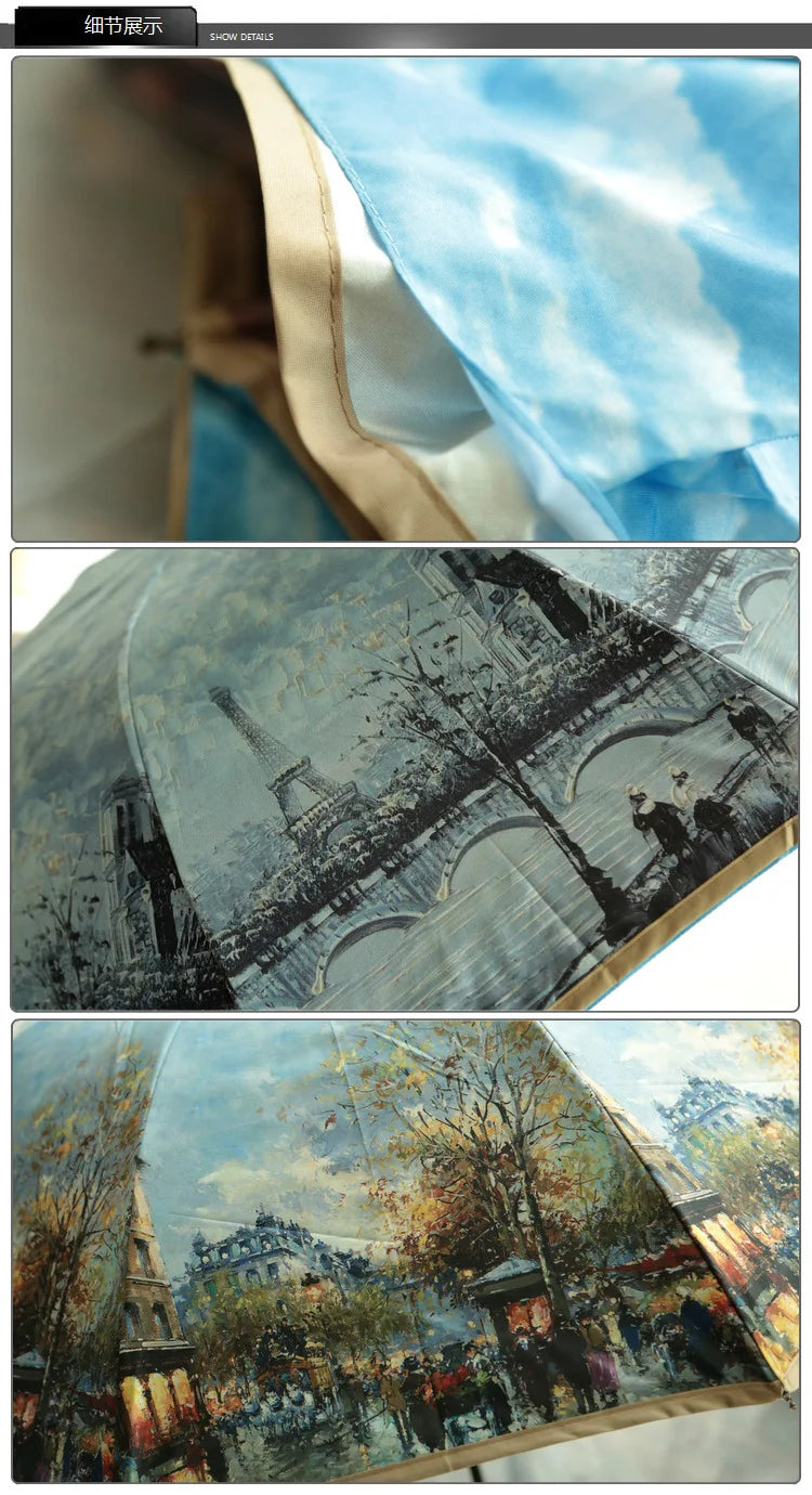Vintage Art Umbrella – Double-Layer UV Protection with Blue Sky Interior