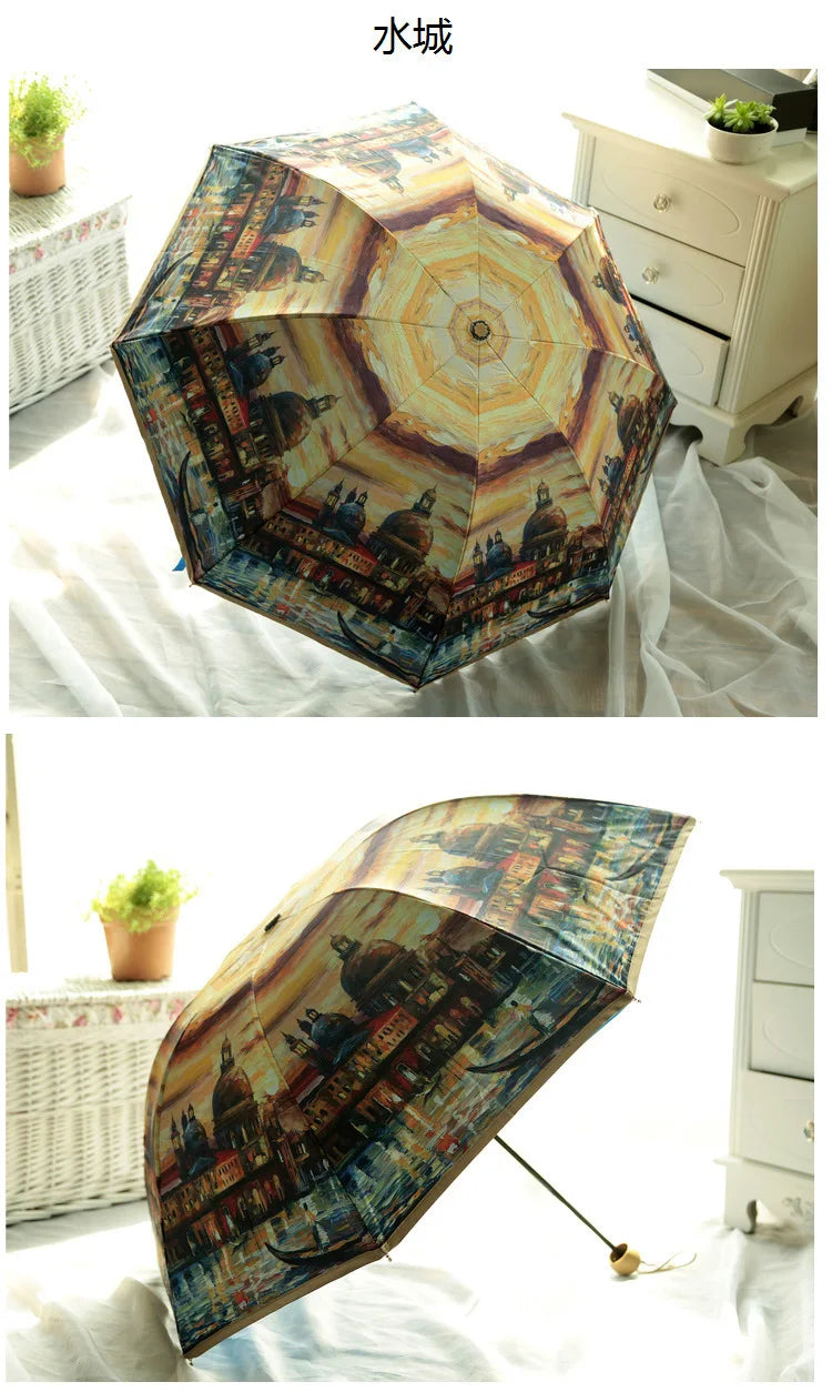 Vintage Art Umbrella – Double-Layer UV Protection with Blue Sky Interior
