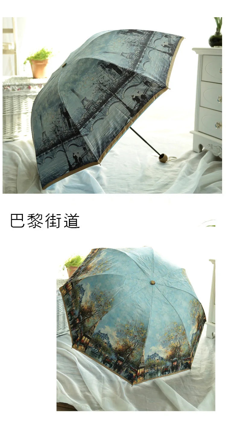 Vintage Art Umbrella – Double-Layer UV Protection with Blue Sky Interior