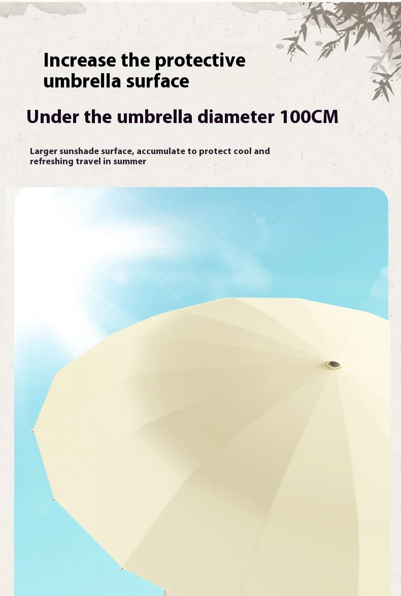 Retro Folding Umbrella – UV & Rain Protection, 16-Rib Gold Frame