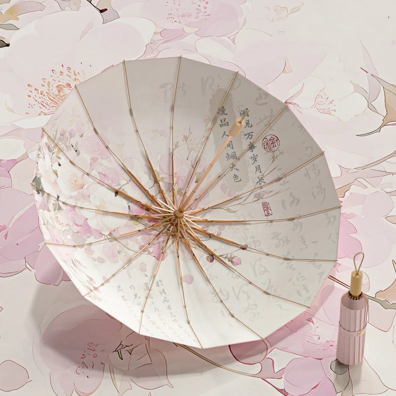 Retro Folding Umbrella – UV & Rain Protection, 16-Rib Gold Frame