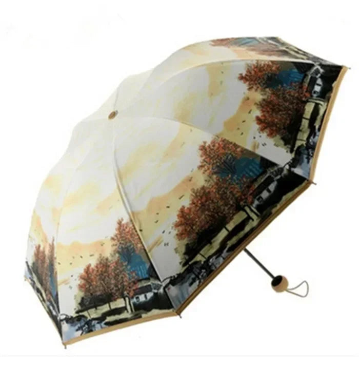 Vintage Art Umbrella – Double-Layer UV Protection with Blue Sky Interior