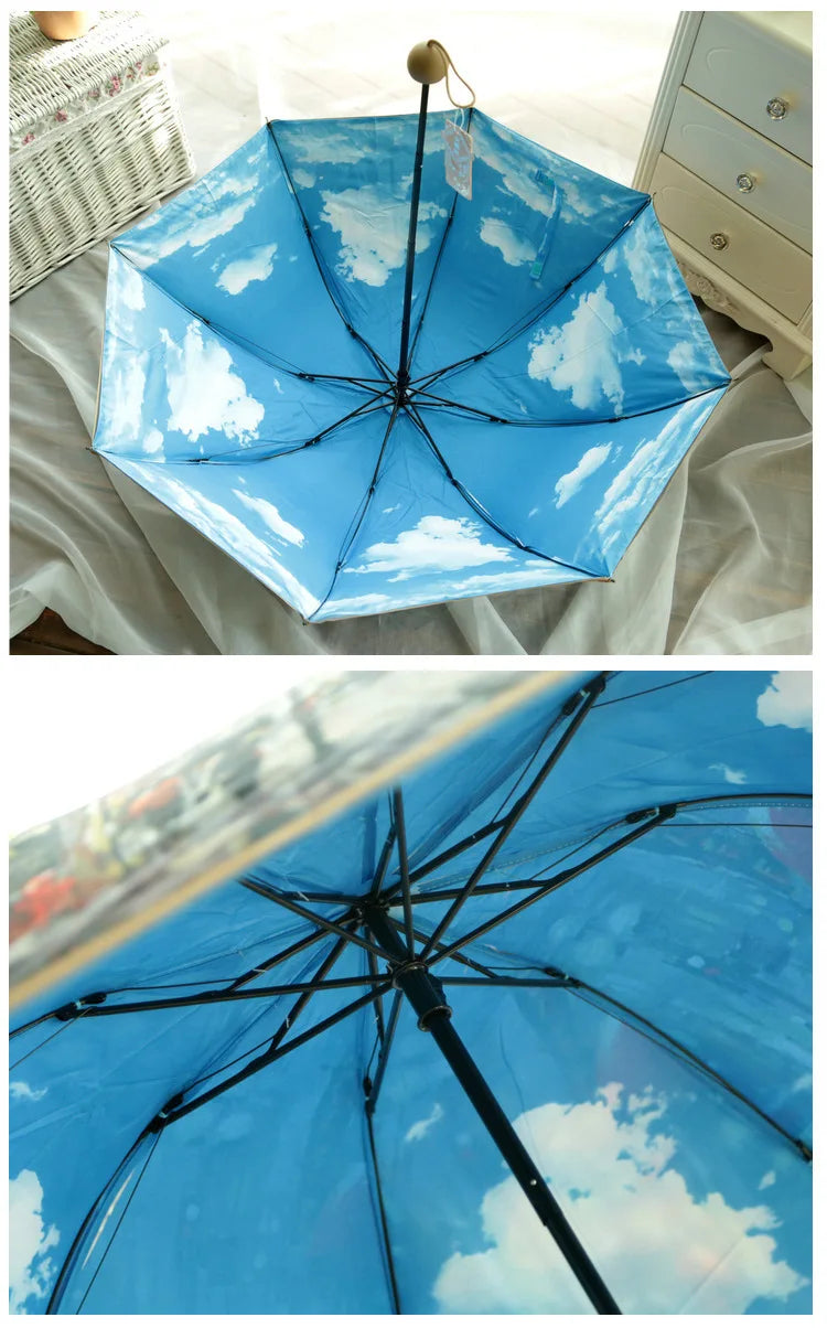 Vintage Art Umbrella – Double-Layer UV Protection with Blue Sky Interior