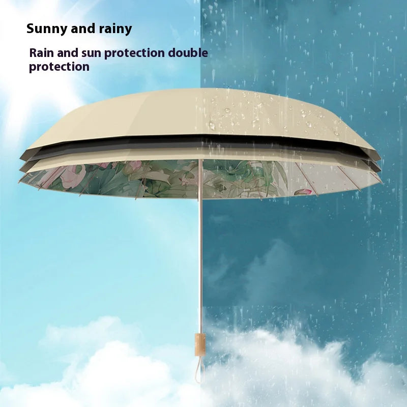 Retro Folding Umbrella – UV & Rain Protection, 16-Rib Gold Frame