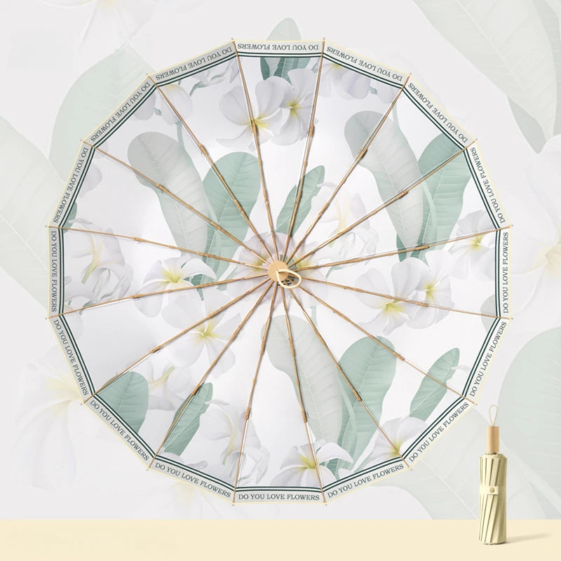 Retro Folding Umbrella – UV & Rain Protection, 16-Rib Gold Frame
