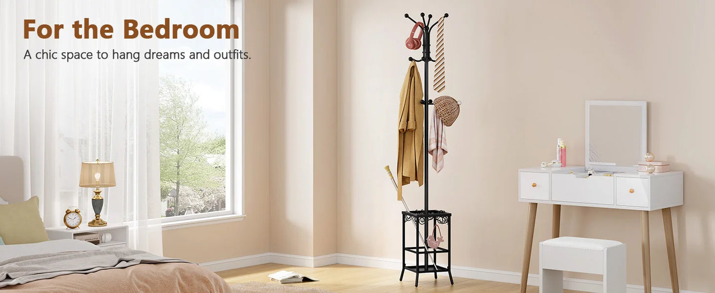 Coat Rack Freestanding, Entryway Hanger Stand, Umbrella Holder, Floor Standing Metal Tree Stand