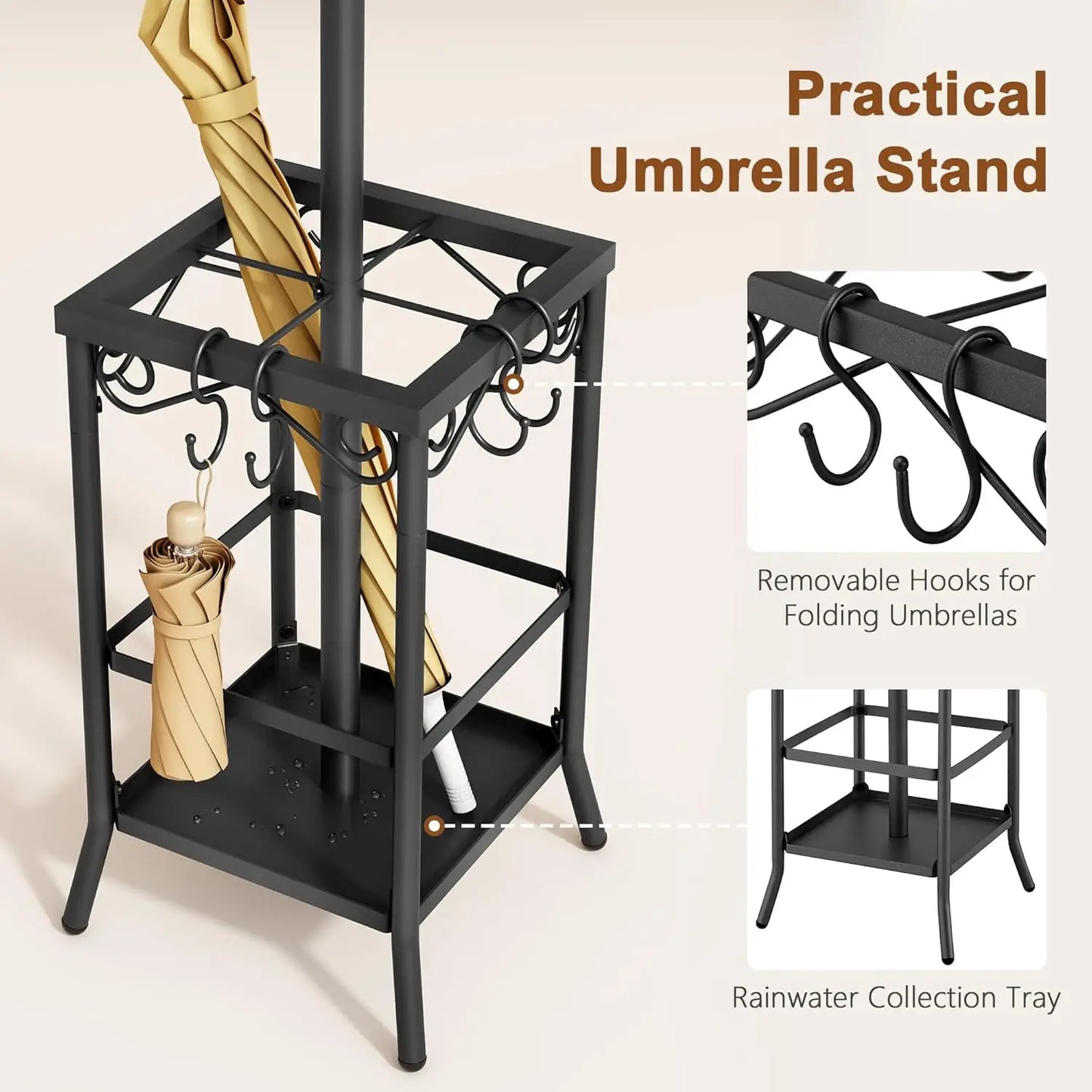 Coat Rack Freestanding, Entryway Hanger Stand, Umbrella Holder, Floor Standing Metal Tree Stand