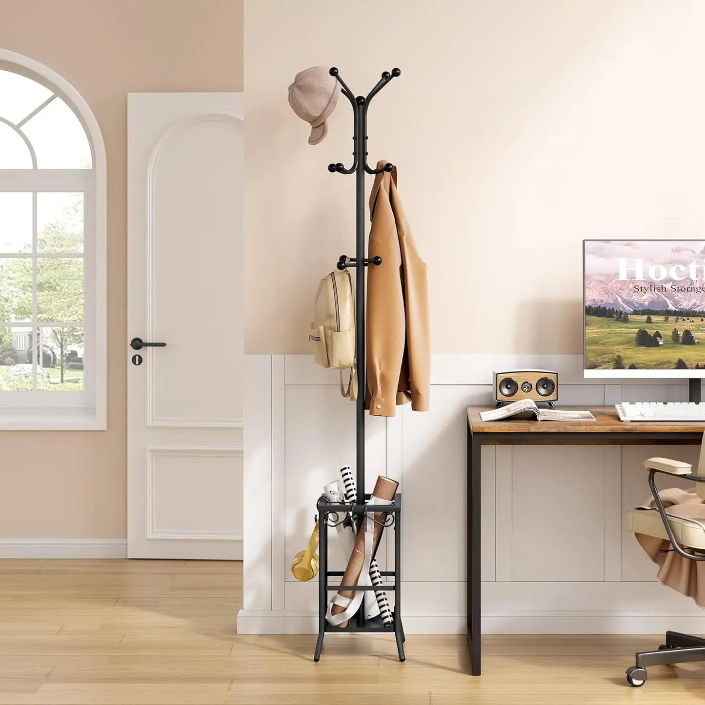 Coat Rack Freestanding, Entryway Hanger Stand, Umbrella Holder, Floor Standing Metal Tree Stand