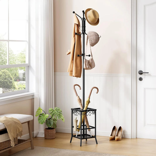 Coat Rack Freestanding, Entryway Hanger Stand, Umbrella Holder, Floor Standing Metal Tree Stand