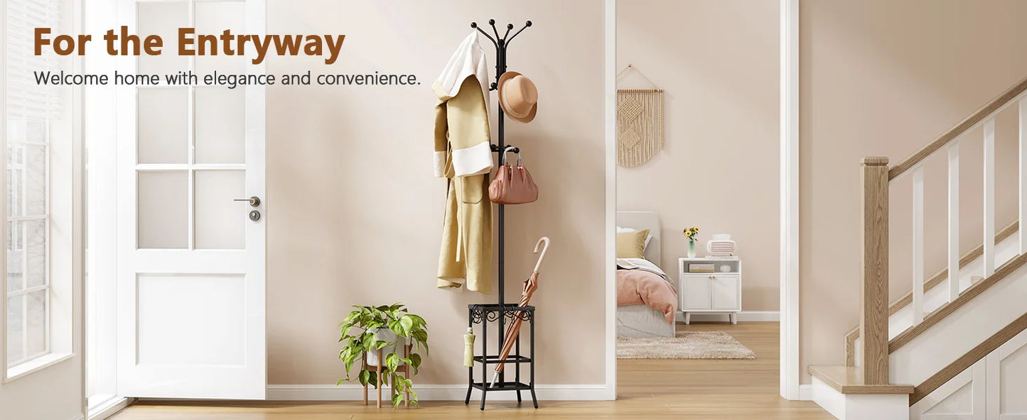 Coat Rack Freestanding, Entryway Hanger Stand, Umbrella Holder, Floor Standing Metal Tree Stand