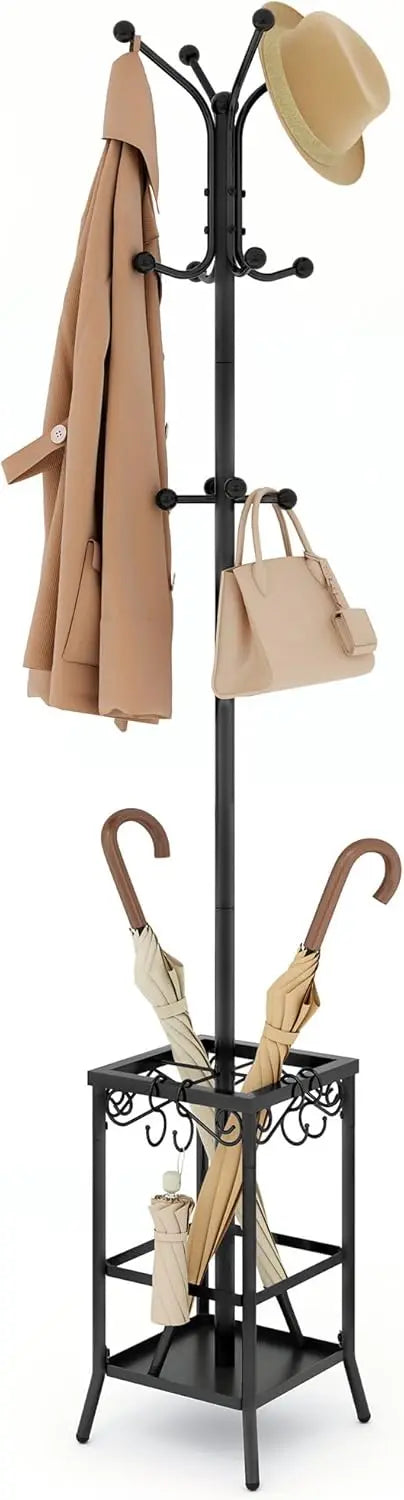 Coat Rack Freestanding, Entryway Hanger Stand, Umbrella Holder, Floor Standing Metal Tree Stand
