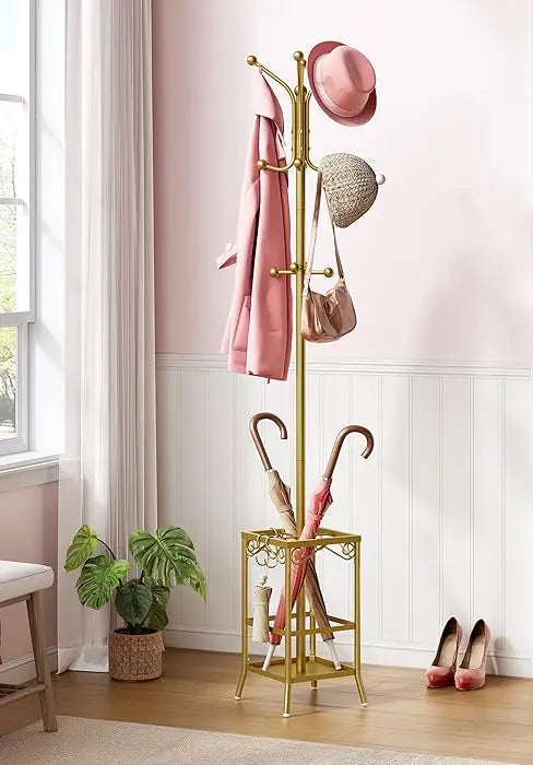 Coat Rack Freestanding, Entryway Hanger Stand, Umbrella Holder, Floor Standing Metal Tree Stand