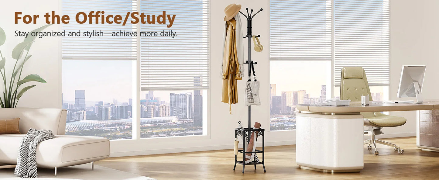 Coat Rack Freestanding, Entryway Hanger Stand, Umbrella Holder, Floor Standing Metal Tree Stand