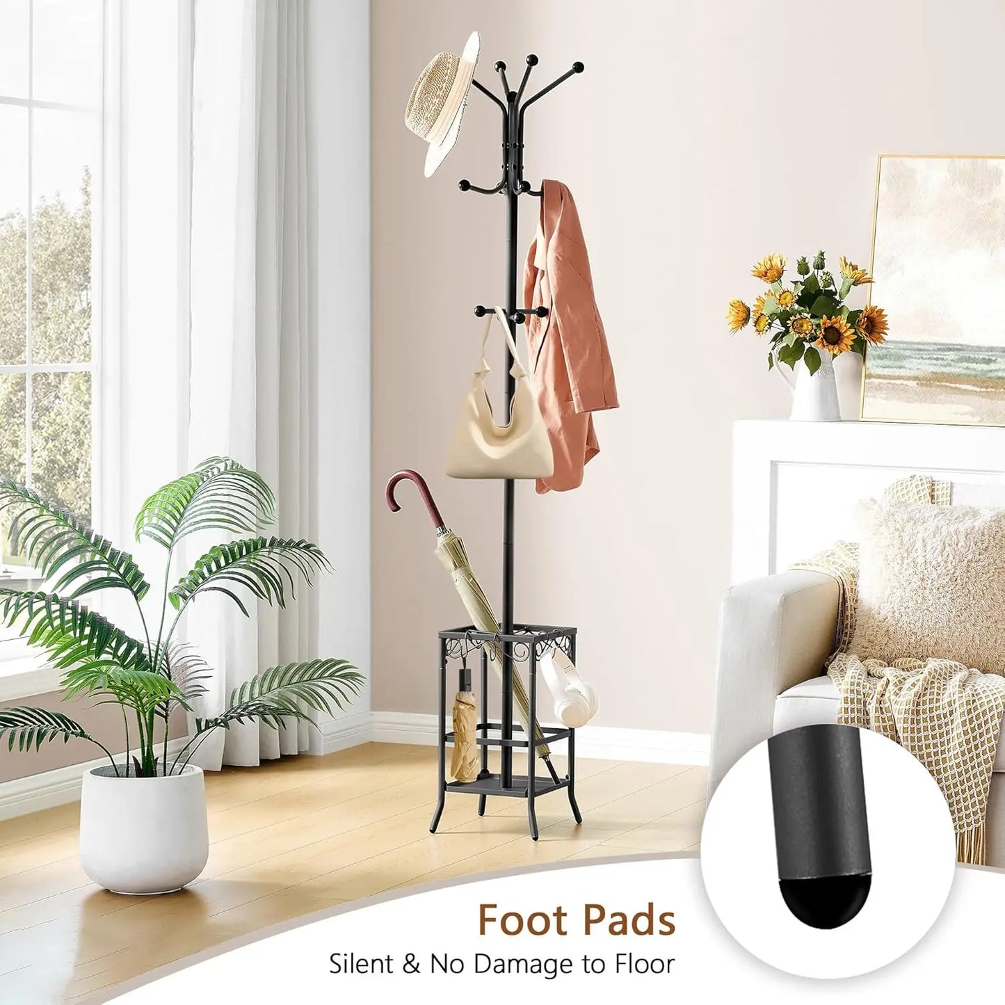 Coat Rack Freestanding, Entryway Hanger Stand, Umbrella Holder, Floor Standing Metal Tree Stand