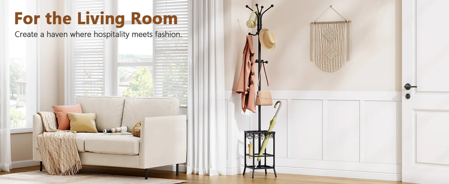 Coat Rack Freestanding, Entryway Hanger Stand, Umbrella Holder, Floor Standing Metal Tree Stand