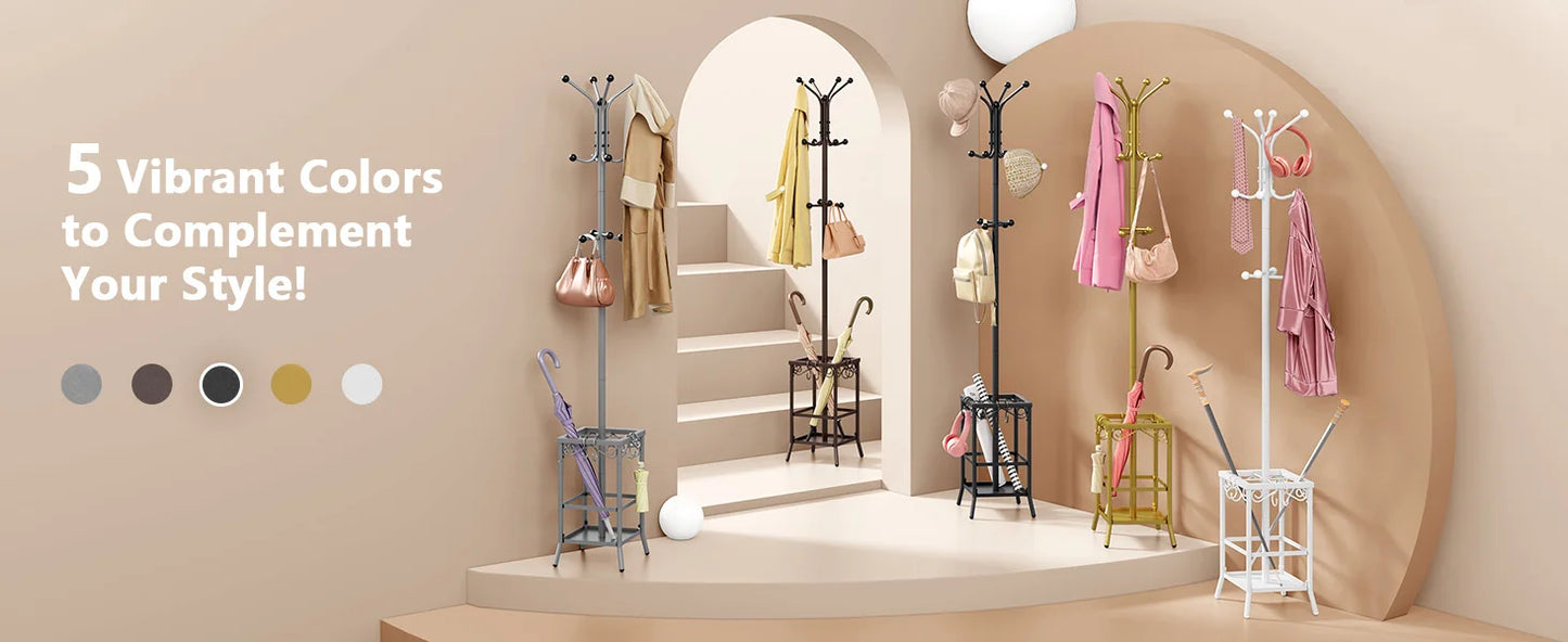 Coat Rack Freestanding, Entryway Hanger Stand, Umbrella Holder, Floor Standing Metal Tree Stand