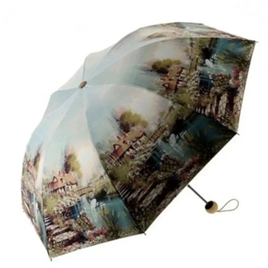 Vintage Art Umbrella – Double-Layer UV Protection with Blue Sky Interior