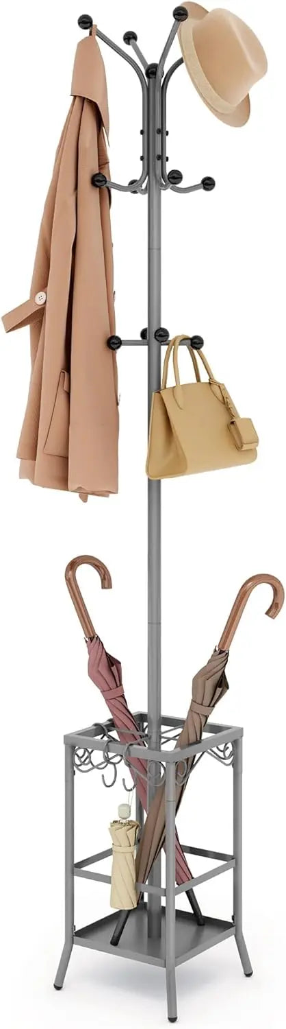 Coat Rack Freestanding, Entryway Hanger Stand, Umbrella Holder, Floor Standing Metal Tree Stand