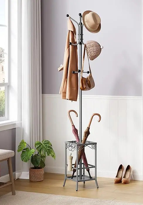 Coat Rack Freestanding, Entryway Hanger Stand, Umbrella Holder, Floor Standing Metal Tree Stand